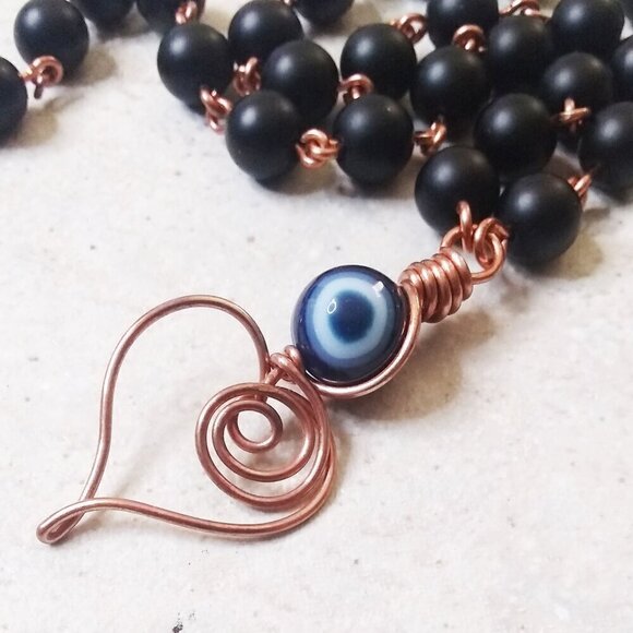 Handmade & Unique! Wire Wrapped Heart Necklace ~ Black Stone + Copper ~ Evil Eye - Picture 6 of 15